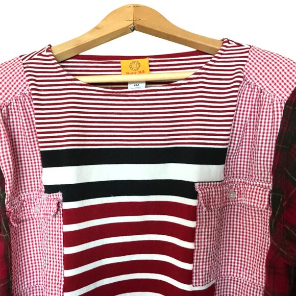 Upcycled Mixed Print Oversized Shirt, M-L: Red Gingham & Plaid Flannel Sleeves - Picture 4 of 14